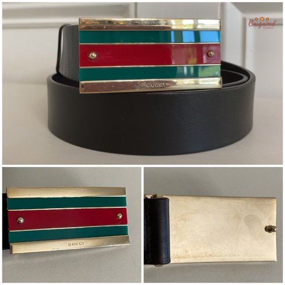 Authentic Gucci Brown Leather Gold-Edged Iconic Red/Green Web Buckle Belt 85/34 - Picture 3 of 13